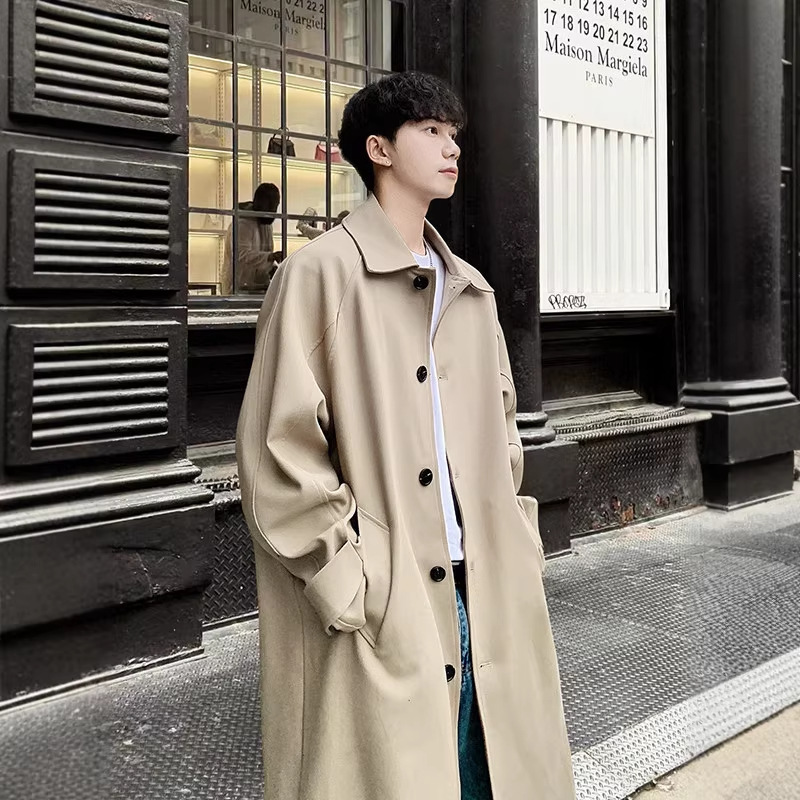 Japanese style spring and autumn lapel trench coat for men, mid-length, British style, trendy loose fit, casual workwear, Korean style.