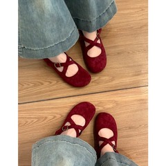 羊皮版~真皮复古小个子内增高红色浅口单鞋女交叉带玛丽珍小皮鞋