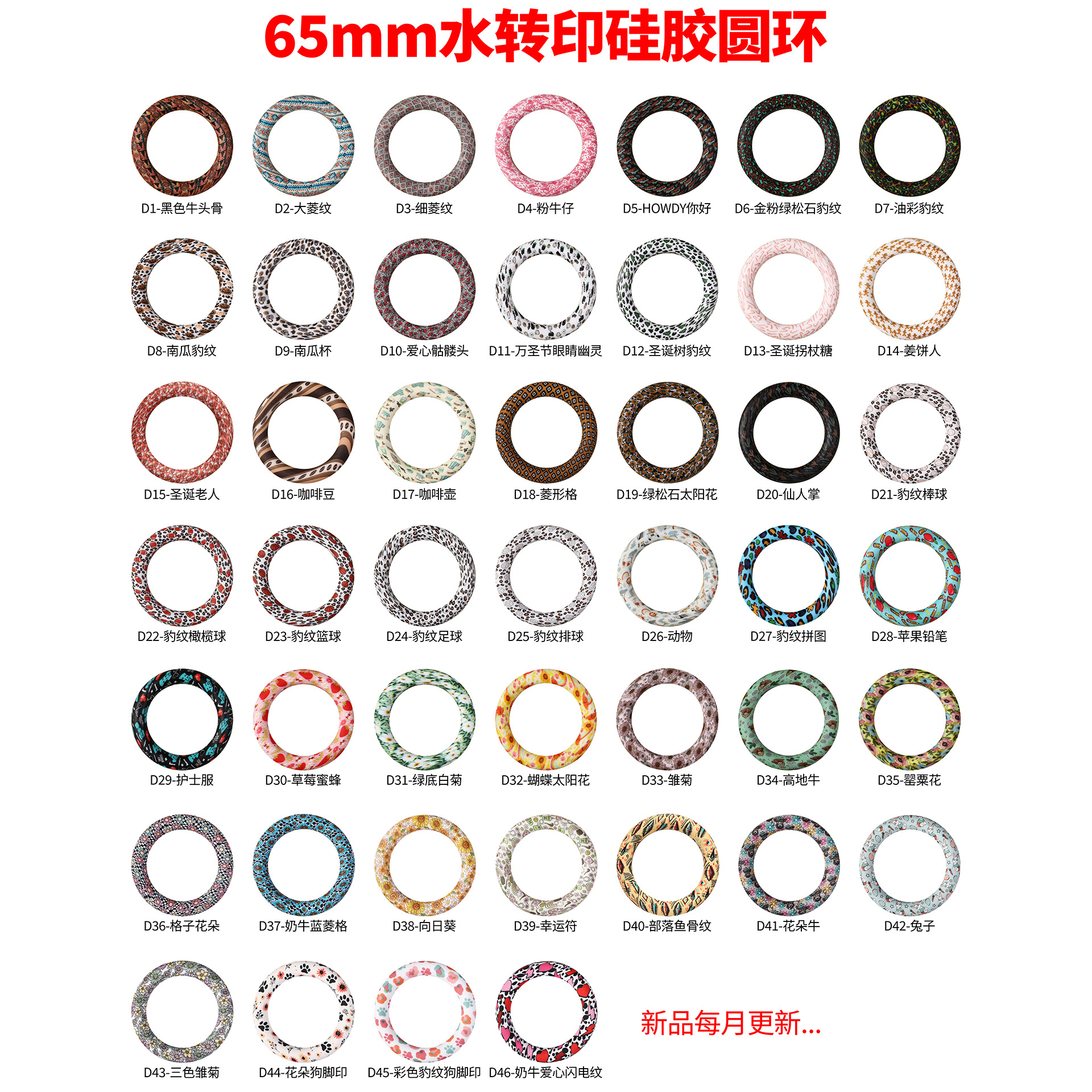 Cross-Border Wholesale 65mm Water Transfer Flower Silicone Rings DIY Keychain Accessories Circle Beads Loose Beads Customization
