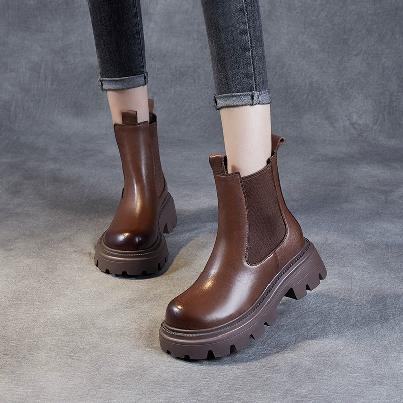 Ботинки из натуральной кожи интернет-знаменитостей в стиле ретро, женские осенние новые мундштук на платформе из натуральной воловьей кожи, ботильоны челси