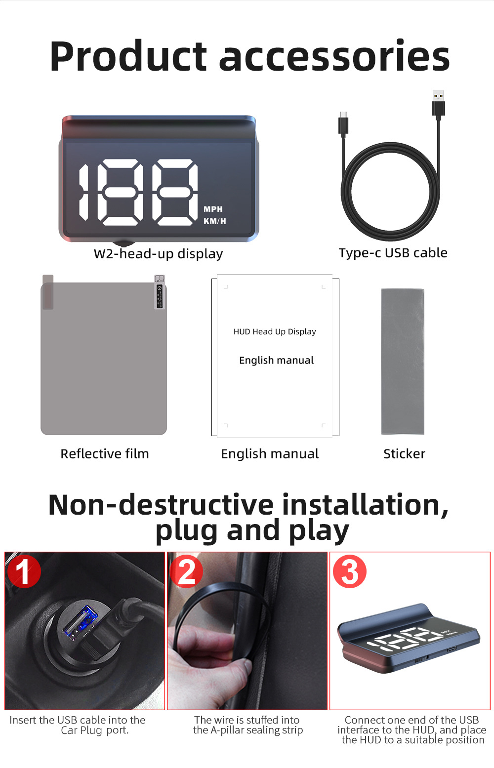Cross-border W2 universal car HUD head-up display with Beidou satellite, adjustable speed, vehicle speedometer KMH/MPH