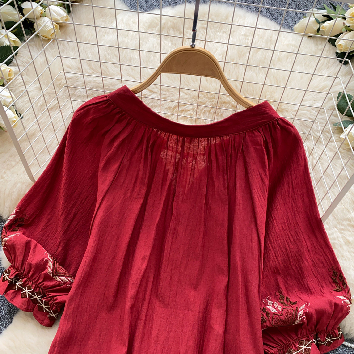 Elegant French Style Blouse for Women Red Embroidered Puff Sleeve Loose Fit Tie Waist Babydoll Top Spring Fashion_ecoleips.com