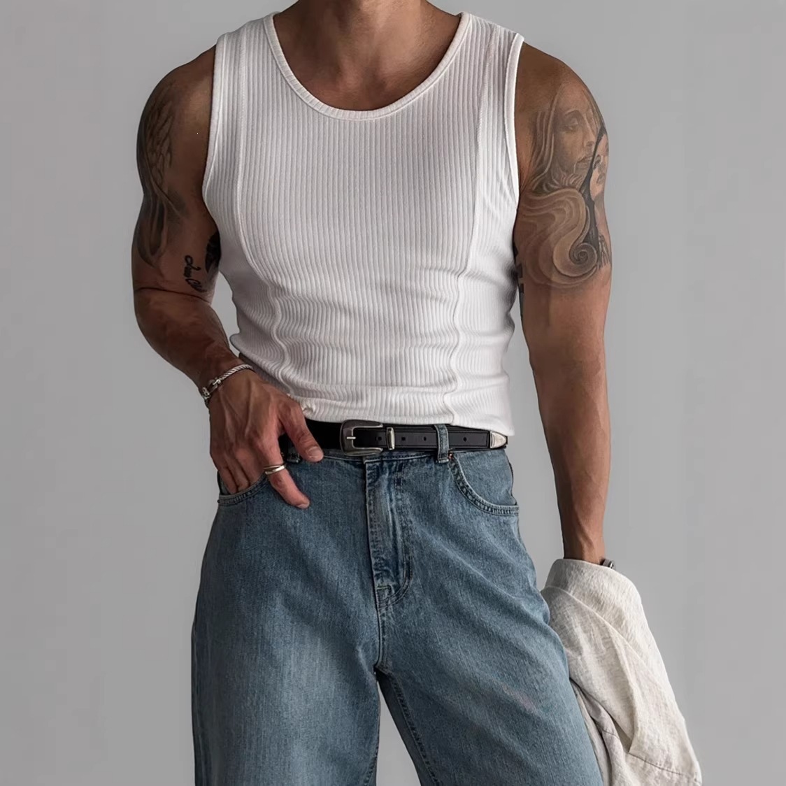 Black sports summer elastic vest with a round collar