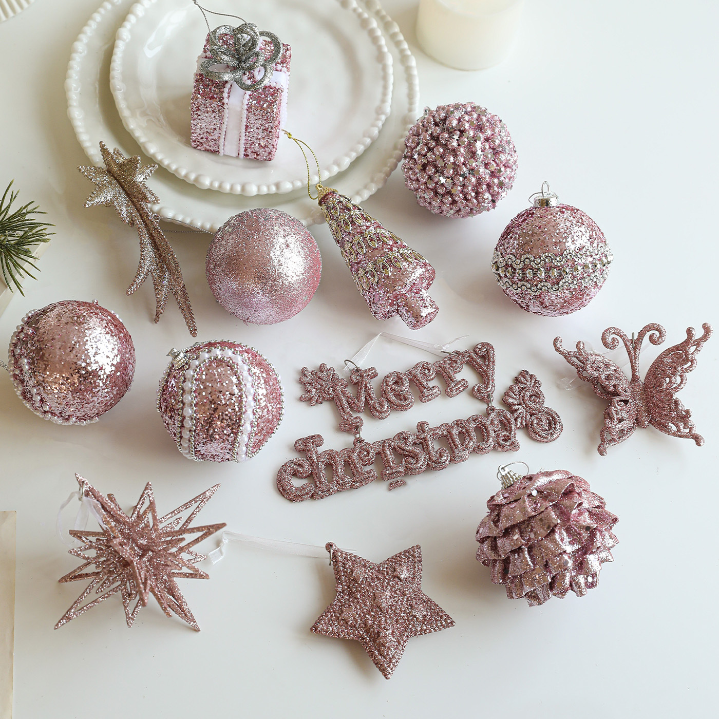 Nueva espuma rosa bola de Navidad colgante polvo brillante polvo adhesivo árbol de Navidad colgante bola decoración colgante disposición