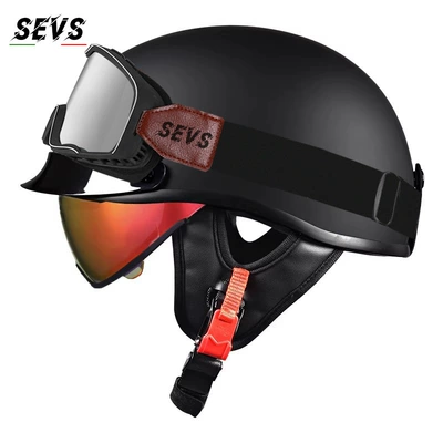 scooter half helmet, electric vehicle, Motosiklet kaskı (dəbilqə) - semi-black-aurora-red-mirror-large-frame-goggles-m