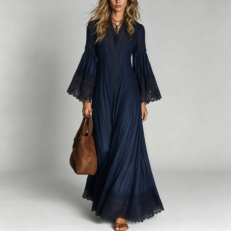 2026 European and American Amazon Elegant Bohemian Vintage Resort Style Exquisite Lace Patchwork Dress