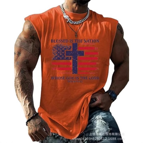 2025 Cotton-Like Support 3D Printed Fitness Tank Top for Men Running USA American Wide Shoulder Sleeveless Backless Top