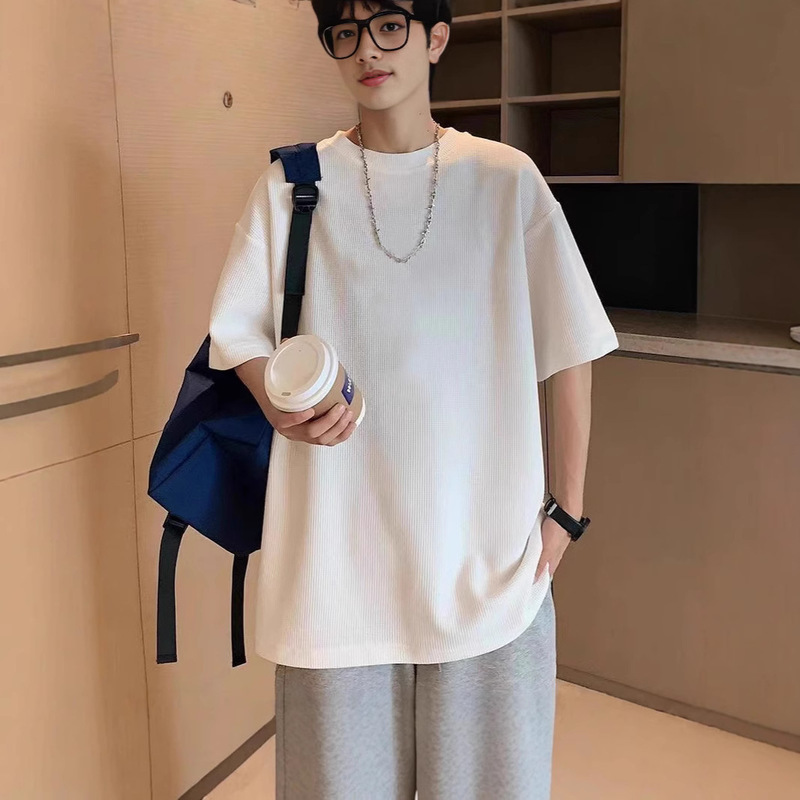 Waffles T-shirt Men's Short-sleeved Summer Heavy Ins Trendy Brand T-shirt Beautiful Trendy Loose plus size Boyfriend Style Couple Half-sleeved
