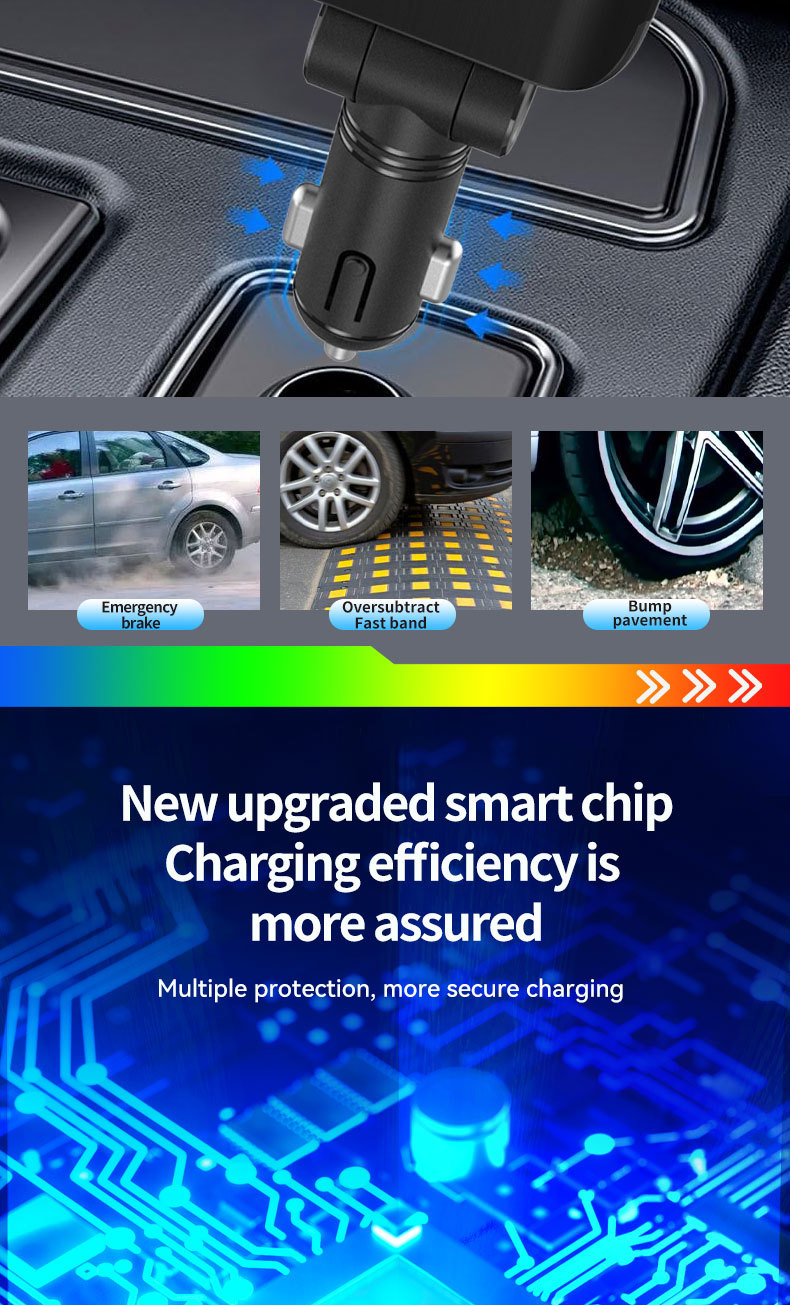 Cross-border car charger E1 supports 120W super-fast charging, features a retractable cable, and includes a starry sky ambient light and a cigarette lighter socket