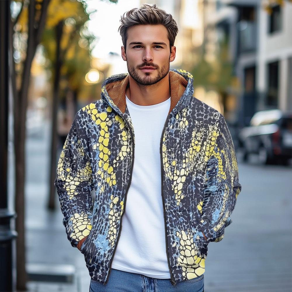 Giacca in cotone spesso con cappuccio e cerniera da uomo, stile europeo stampato, autunno/inverno 2024_voghion.com