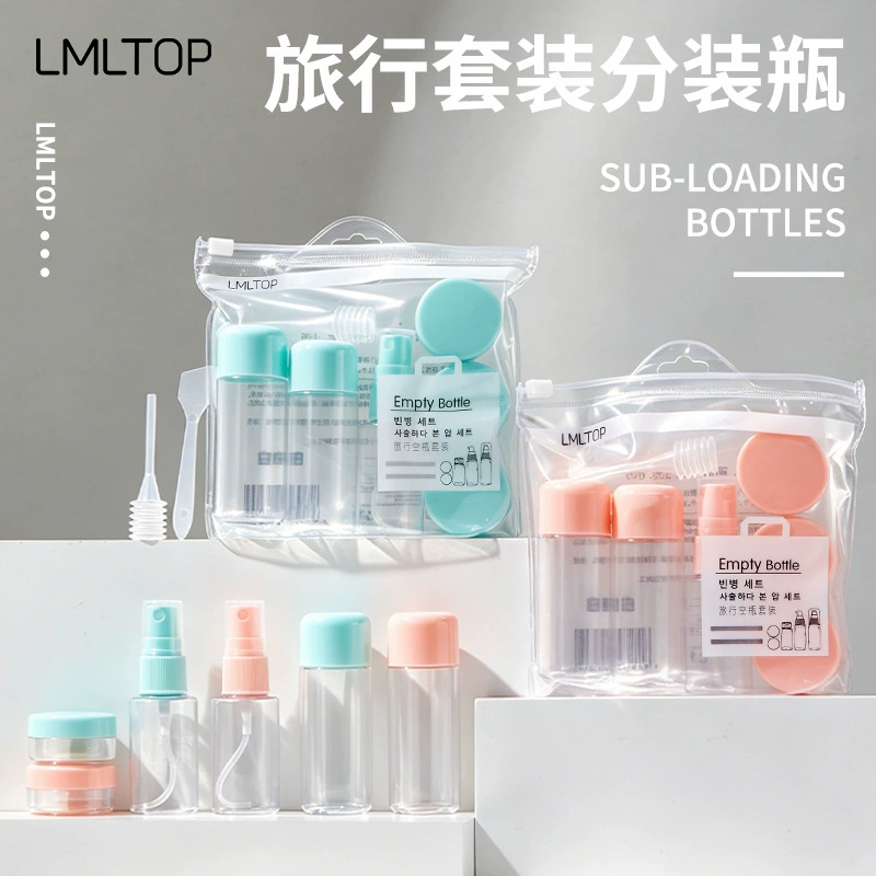 Travel Bottle Set Lameila, 8-Piece Empty Toiletry Kit with Sprayer & Cream Jar, 45/35/10 ml