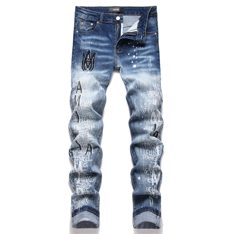 New Export Style Blue Embroider Printing and Dyeing Elastic High Street Small Straight Mid-Waist Men's Jeans 3838