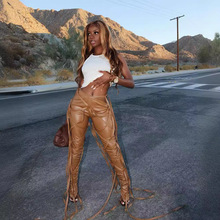 亚马逊新款外贸女装 欧美女士个性长裤斜腰多带休闲系带PU皮裤