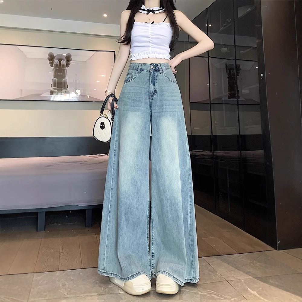 Women's Summer Thin Light Blue Wide Leg Jeans High Waist Slimming Loose Fit Straight Leg Floor Length Pants Plus Size_ecoleips.com