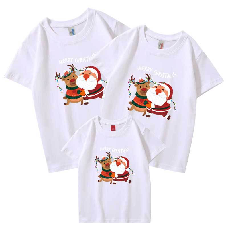 2021 cross-border Santa Deer Head algodón peinado padre-hijo ropa bebé mameluco niños manga corta cuello redondo Camiseta al por mayor