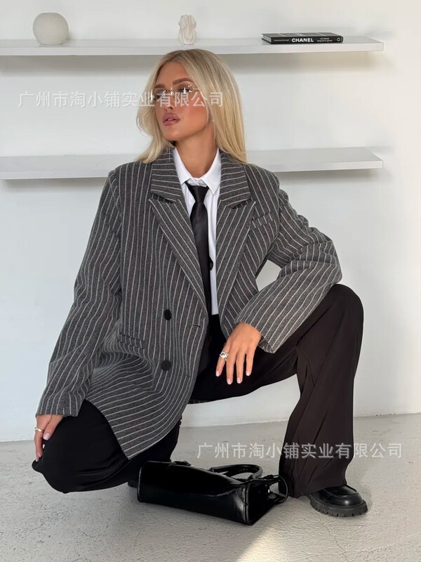 灰色高级感条纹西装外套女2025春季韩系今年流行宽松休闲西服上衣|undefined