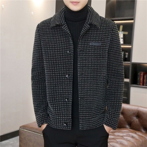 Men's Winter Leisure Stylish Woolen Overcoat with Plaid Collar, Short Length, Fleece Lining, Thick Woolen Material, Korean Style, Fashion Trend