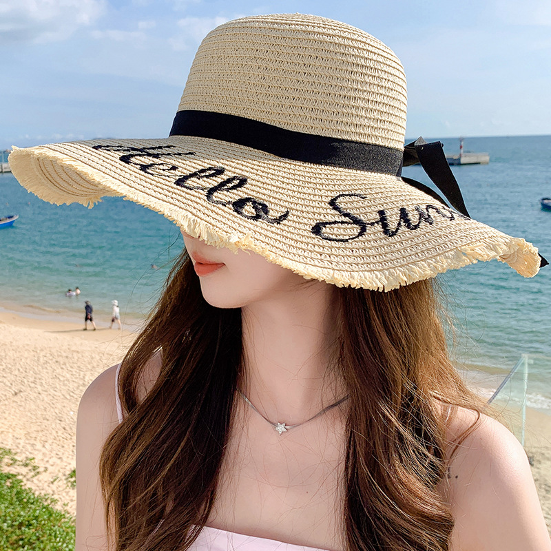 Sombrero de paja con lazo – estilo veraniego, ala ancha, para playa o vacaciones al aire libre