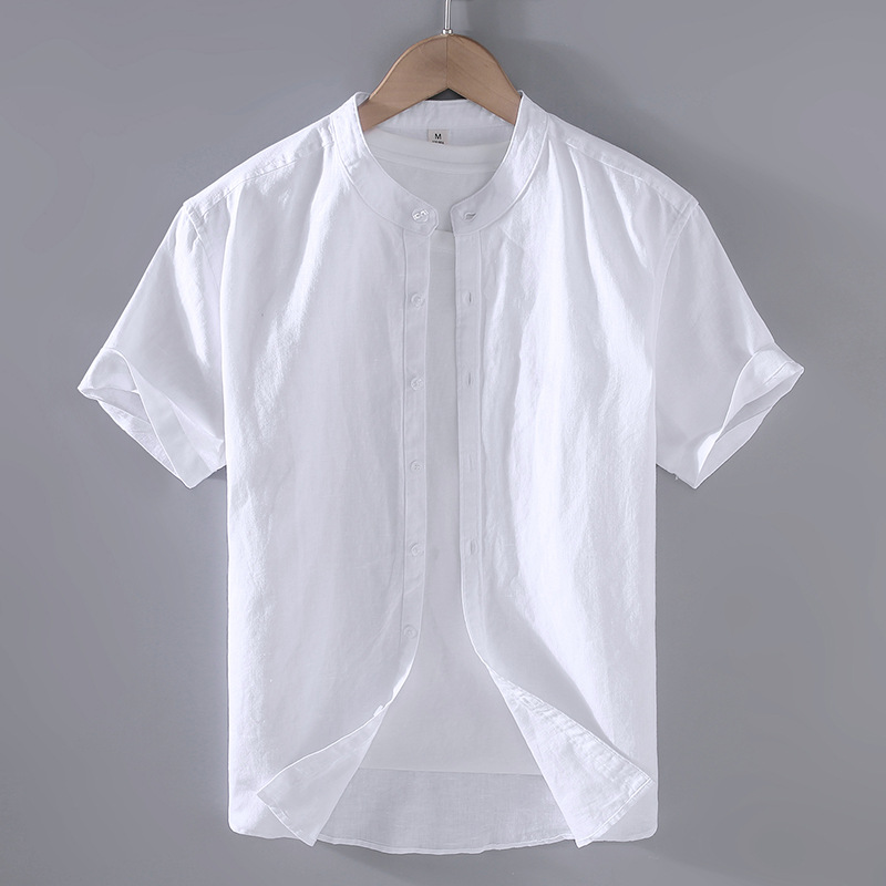Camicia uomo maniche corte lino stile cinese collo alla coreana_voghion.com