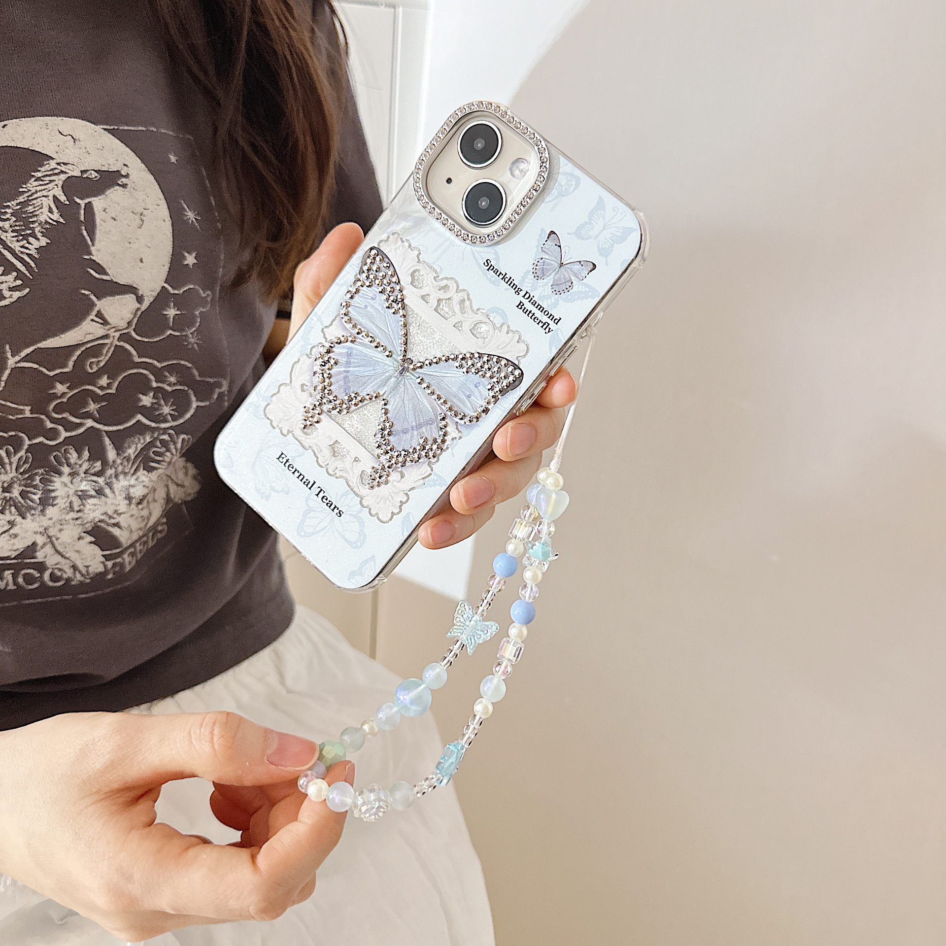 Cadena aplicable nicho mariposa corta cadena de muñeca arco cuentas de caso de teléfono móvil colgante tipo correa de muñeca anti-pérdida