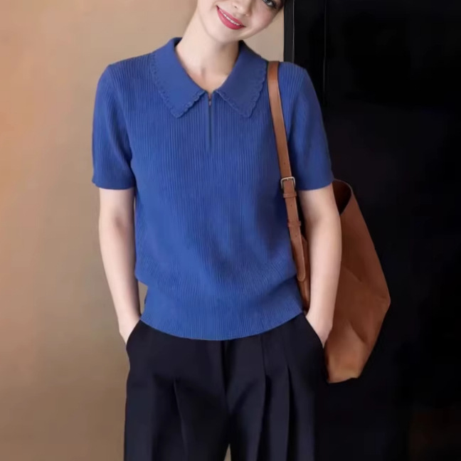 蓝色温柔风精致花边翻领针织T恤女2026夏季新款半拉链大码上衣潮