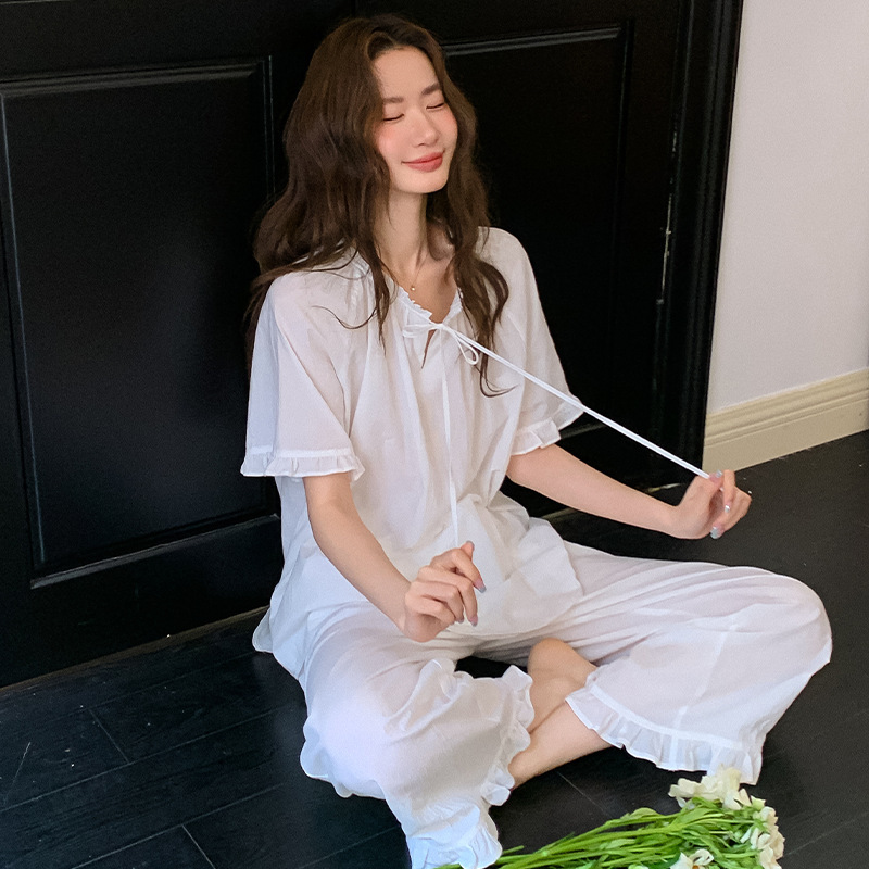 Summer Pure Cotton Short-Sleeved Suit, Fresh Style, Pleated Edge, Sweet Girly Pajamas, Cute Age-Reducing Home Clothes