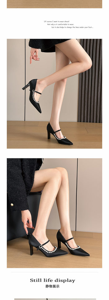 Giày cao gót Mary Jane quai ngang đính đá lụa satin, gót vuông 6–8 cm, mũi nhọn — Màu trắng ngà, Vàng nhạt, màu đen chi tiết 10