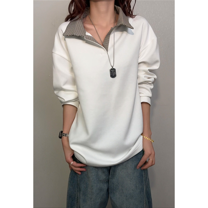 Sweatshirt met pied-de-poulepatroon in Amerikaanse stijl voor dames, nieuw trendy losvallend T-shirt met lange mouwen voor de lente en herfst._voghion.com