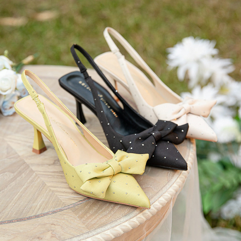 Giày sandal nữ bít mũi mũi nhọn gót mảnh đính đá nơ quai ngang, gót 6–8 cm — Màu mơ, Màu đen