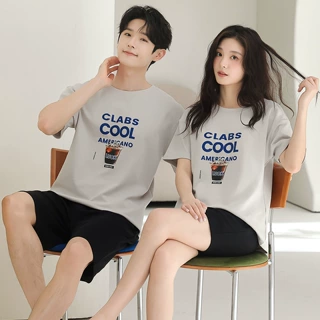 100%棉情侣睡衣女纯棉短袖短裤薄款休闲圆领夏季全棉男女家居服