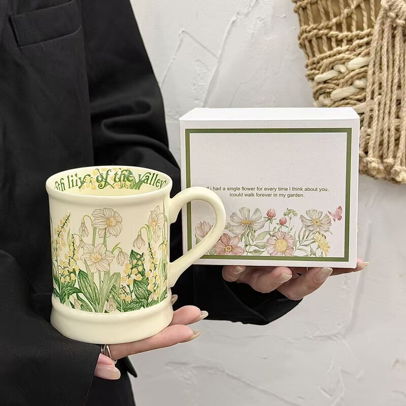 French Retro Lily of the Valley Mug 500ml British Ceramic Water Cup High-Value Office Coffee Cup Gift French Retro Lily of the Valley Mug 500ml British Ceramic Water Cup High-Value Office Coffee Cup Gift