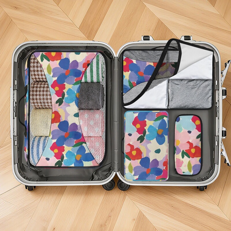 International Station Travel Storage Tote Bag Floral Green Plant Business Trip Storage Bag 4-Piece Set for Men and Women Polyester Foreign Trade Direct Supply