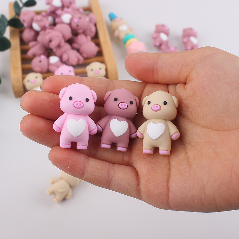Spot venta caliente 3d cuentas de silicona tridimensional animales lindos con cuentas de mordedor de dibujos animados cerdo cuentas de silicona al por mayor