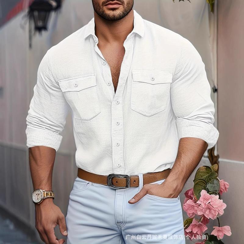 Cross-Border Foreign Trade Men's Long-Sleeved Double-Collar Shirt, Denim Style, Sexy Mature Men's Clothing, One-Piece Dropshipping