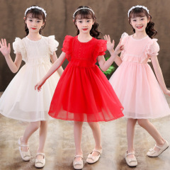 Girls' Princess Dress Summer Short Sleeve Children White Dress Baby June 1st Host Little Formal Dress Performance Gown