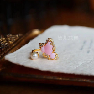 天然加勒比海皇后螺蝴蝶款ak珍珠戒指通体S925银镀18k金时尚女式