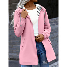 跨境欧美2025新款休闲连帽长袖拉链防泼水风衣中长款女装