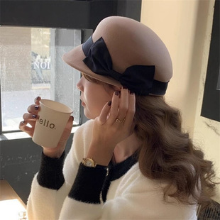 Retro Wool Bow Decorated Peaked Hat Women's Autumn and Winter New Arrival Playful Japanese Equestrian Hat Fashion Felt Hat