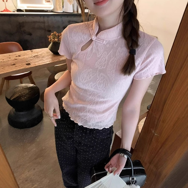 [Original Fabric, Tmall Quality] Chinese Style Button-Down Short-Sleeved T-Shirt Chinese Style Women's Pink Petite