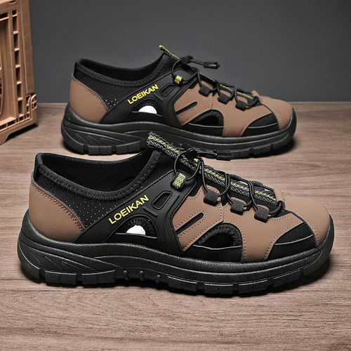 Men's Summer Outdoor Beach Sandals, Breathable Hollow-Out Thick-Soled Lace-Up Color-Block Injection-Molded Casual Shoes for Men