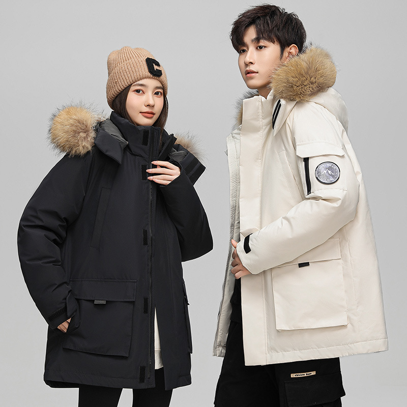 Winter Down Jacket Men's Short Large Wool Collar Hooded Couple's Outdoor Tooling Fashion Brand Warm Coat Printable LOGO Winter Down Jacket Men's Short Large Wool Collar Hooded Couple's Outdoor Tooling Fashion Brand Warm Coat Printable LOGO