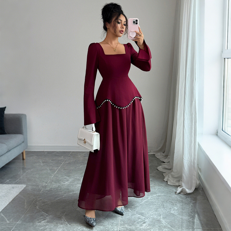 Cross-Border European and American Elegant Simple Long-Sleeved High-End Long Skirt Dress Women's Clothing 2025 Autumn and Winter Amazon Independent Station