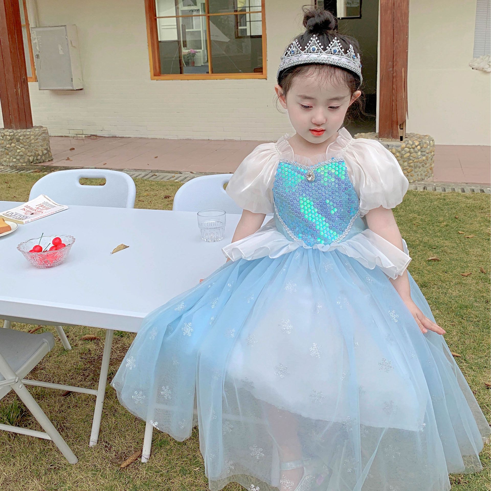 Girls' 2024 Summer New Frozen Princess Aisha Short-sleeved dress Children's Puff-sleeved Mesh Children's Skirt