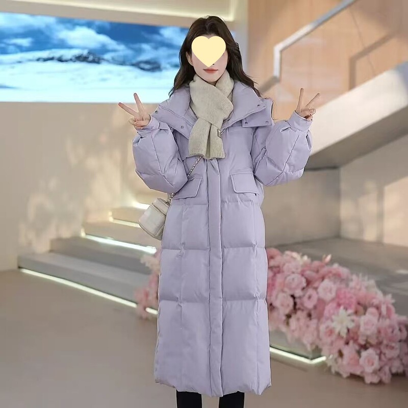 Down cotton coat, new winter coat, Korean style, loose, long, over-the-knee, thickened, cold-proof, light purple