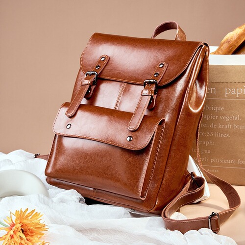Large Capacity Women's Dual Strap Bag British Style Retro Neutral Double Strap Bag Genuine Leather Durable Calfskin Computer Backpack College Style
