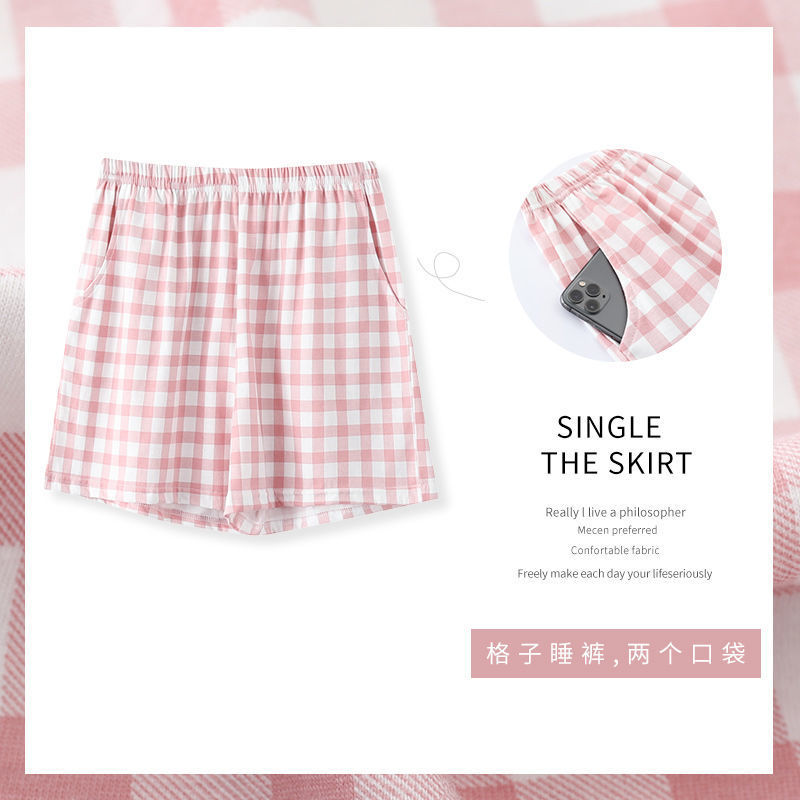 Women's Summer Short Pants, Xinjiang Cotton, Pure Cotton, Thin, Checked, Casual, Wearable Outside, Loose, Pure Cotton Single Piece Home Pants