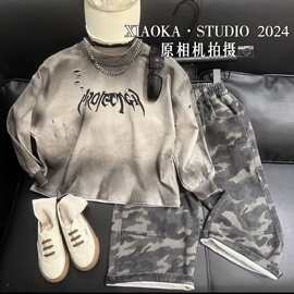 春秋韩版2025款宝宝两件套水洗破坏长袖T恤美式复古喷墨卫衣套装1