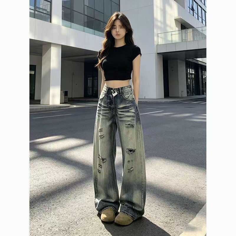 Mud-Dyed Early Spring Loose American-Style Design New Trendy Wide-Leg Long Pants Ripped Jeans for Women Retro Hot Girl Style