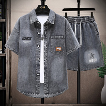 牛仔衬衫夏季短袖男士休闲套装潮流青少年宽松帅气薄款短裤两件套