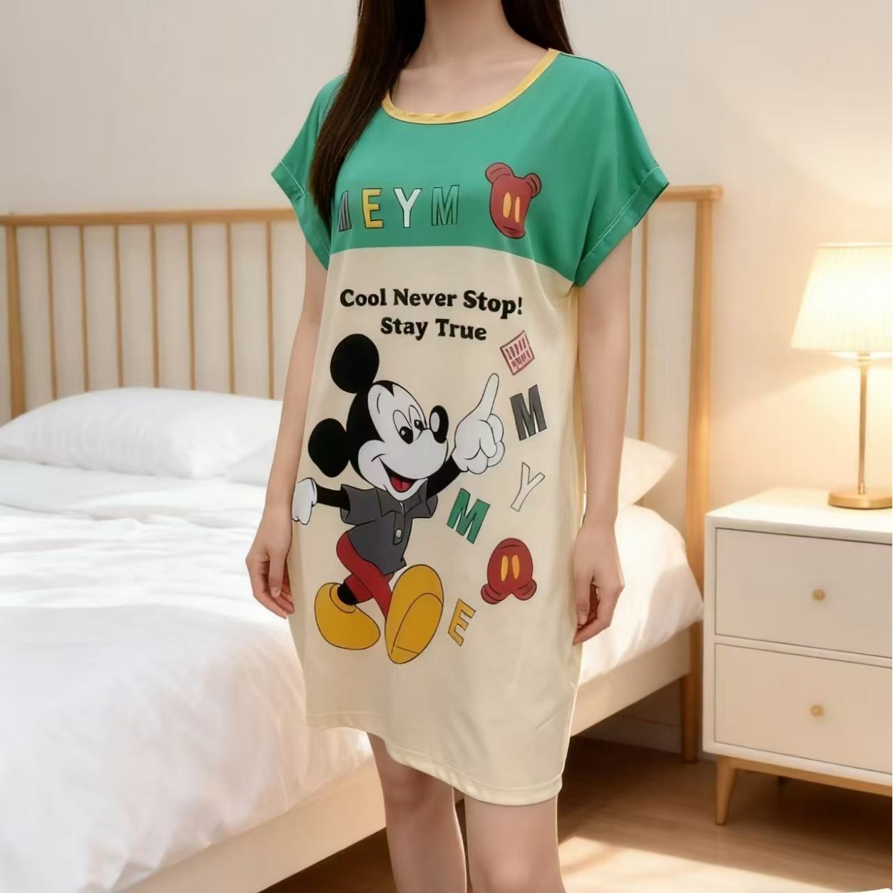 Ready Stock Women's Skirt, Lazy Style, Large Size Women's Nightgown, Short-Sleeved, Loose and Comfortable, Round Neck, Cute Cartoon Print Home Clothes
